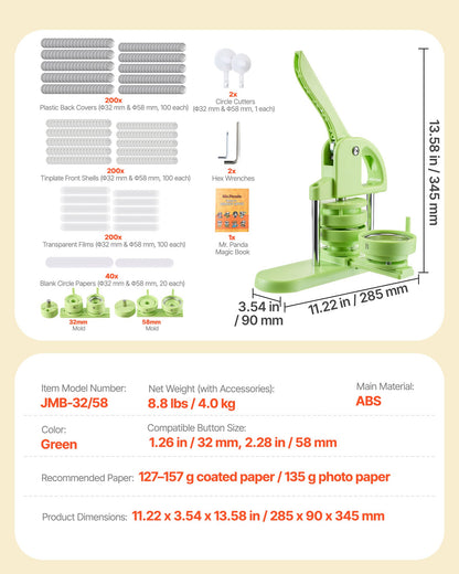 Button Maker Machine, 1.26/2.28 inch 2-in-1, Plastic Pin Maker with 200 pcs Button Parts, Circle Cutter and Magic Book, Reinforced Ergonomic Handle, for DIY Badges, Personalized Pins, Green