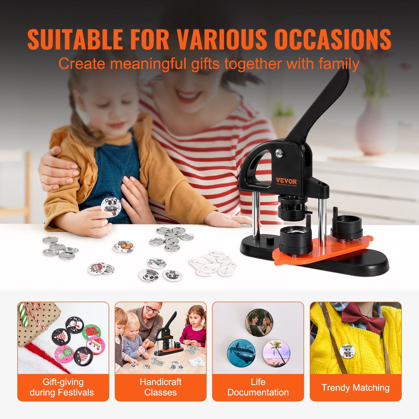 Button Maker, 1.25 inch/32mm Pin Maker with 500pcs Button Parts, Ergonomic Arc Handle Punch Press Kit, Button Maker Machine with Panda Magic Book, For Children DIY Gifts and Christmas