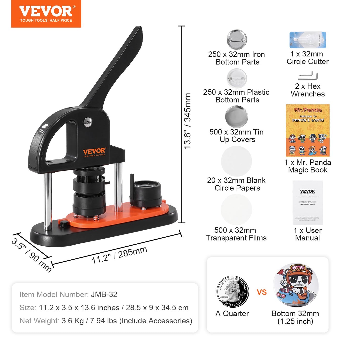 Button Maker, 1.25 inch/32mm Pin Maker with 500pcs Button Parts, Ergonomic Arc Handle Punch Press Kit, Button Maker Machine with Panda Magic Book, For Children DIY Gifts and Christmas