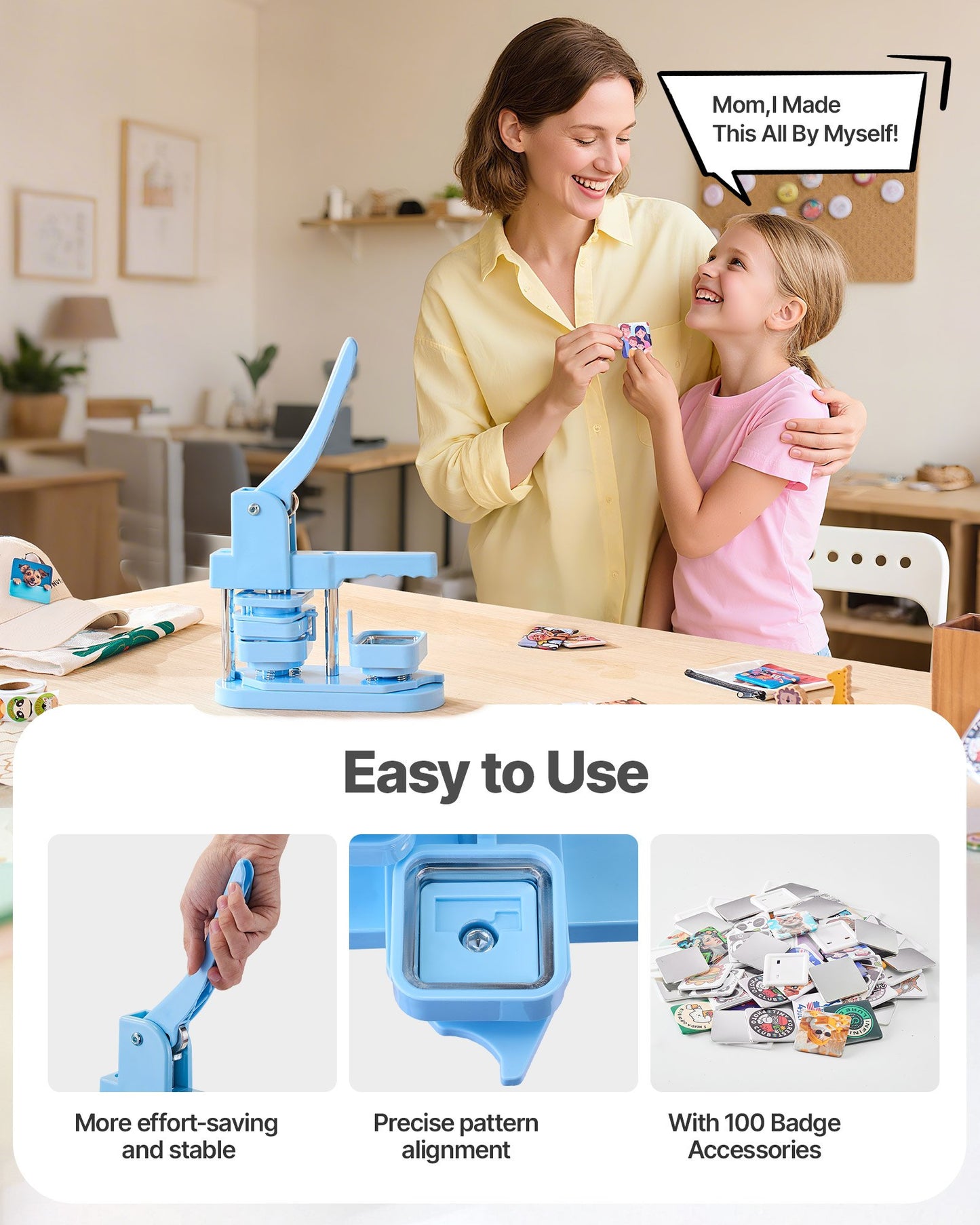 Button Maker Machine, 1.97 x 1.97 in Square, Plastic Pin Maker with Tinplate Front Shells, Plastic Back Covers, Magnetic Backings and Transparent Films, Ergonomic Handle, for DIY Badges, Blue