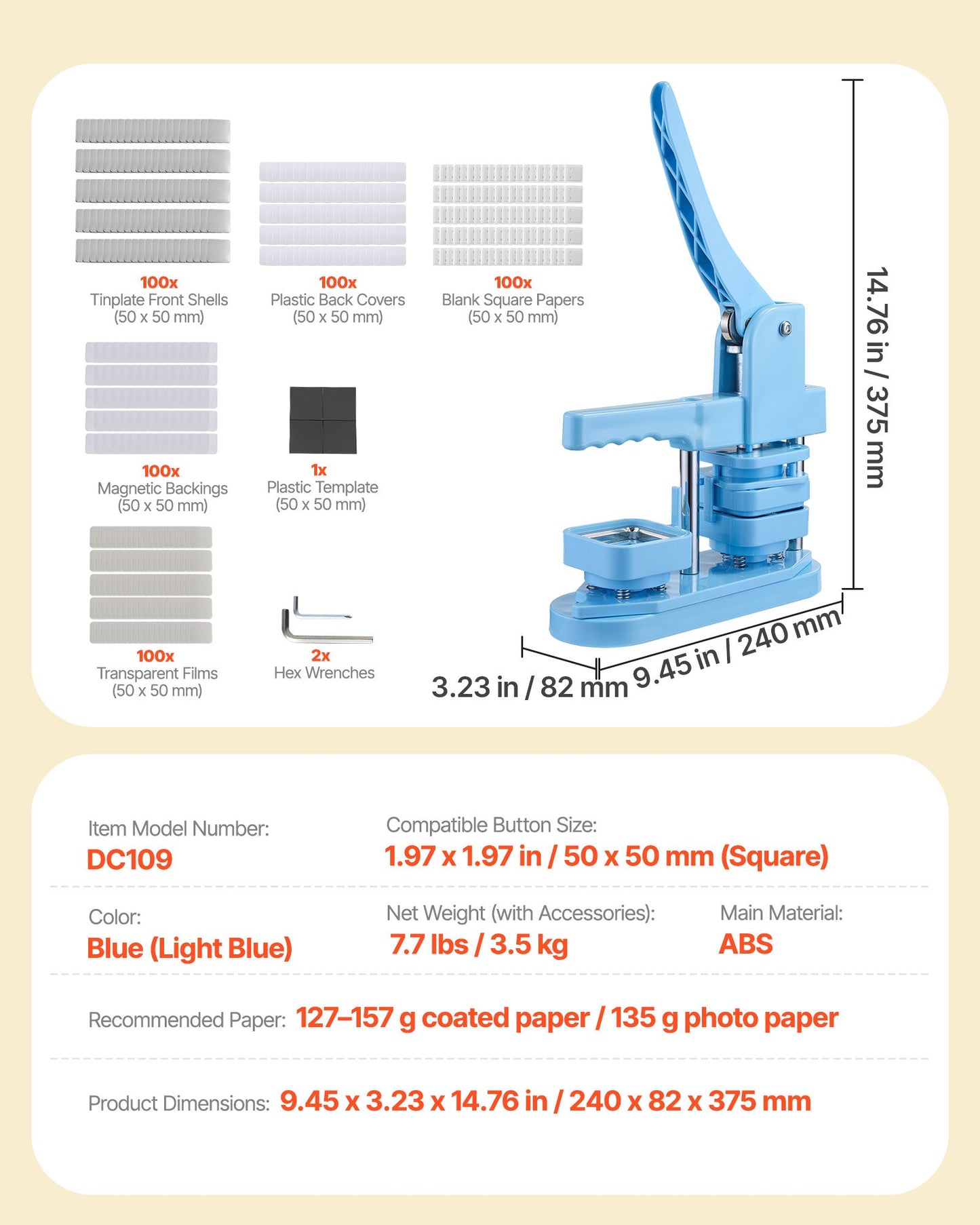 Button Maker Machine, 1.97 x 1.97 in Square, Plastic Pin Maker with Tinplate Front Shells, Plastic Back Covers, Magnetic Backings and Transparent Films, Ergonomic Handle, for DIY Badges, Blue