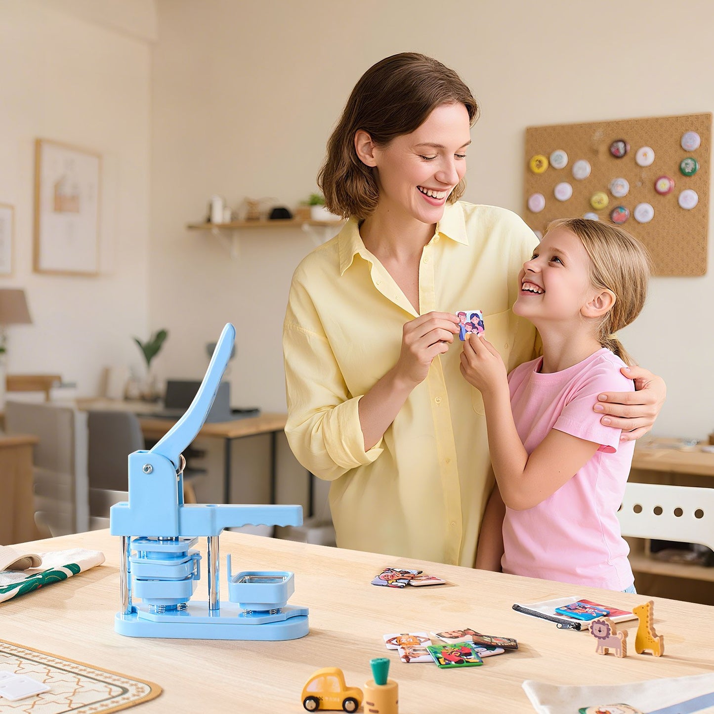 Button Maker Machine, 1.97 x 1.97 in Square, Plastic Pin Maker with Tinplate Front Shells, Plastic Back Covers, Magnetic Backings and Transparent Films, Ergonomic Handle, for DIY Badges, Blue