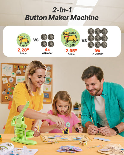 Button Maker Machine, 2.28/2.95 inch 2-in-1, Plastic Pin Maker with 200 pcs Button Parts, Circle Cutter and Magic Book, Reinforced Ergonomic Handle, for DIY Badges, Personalized Pins, Green