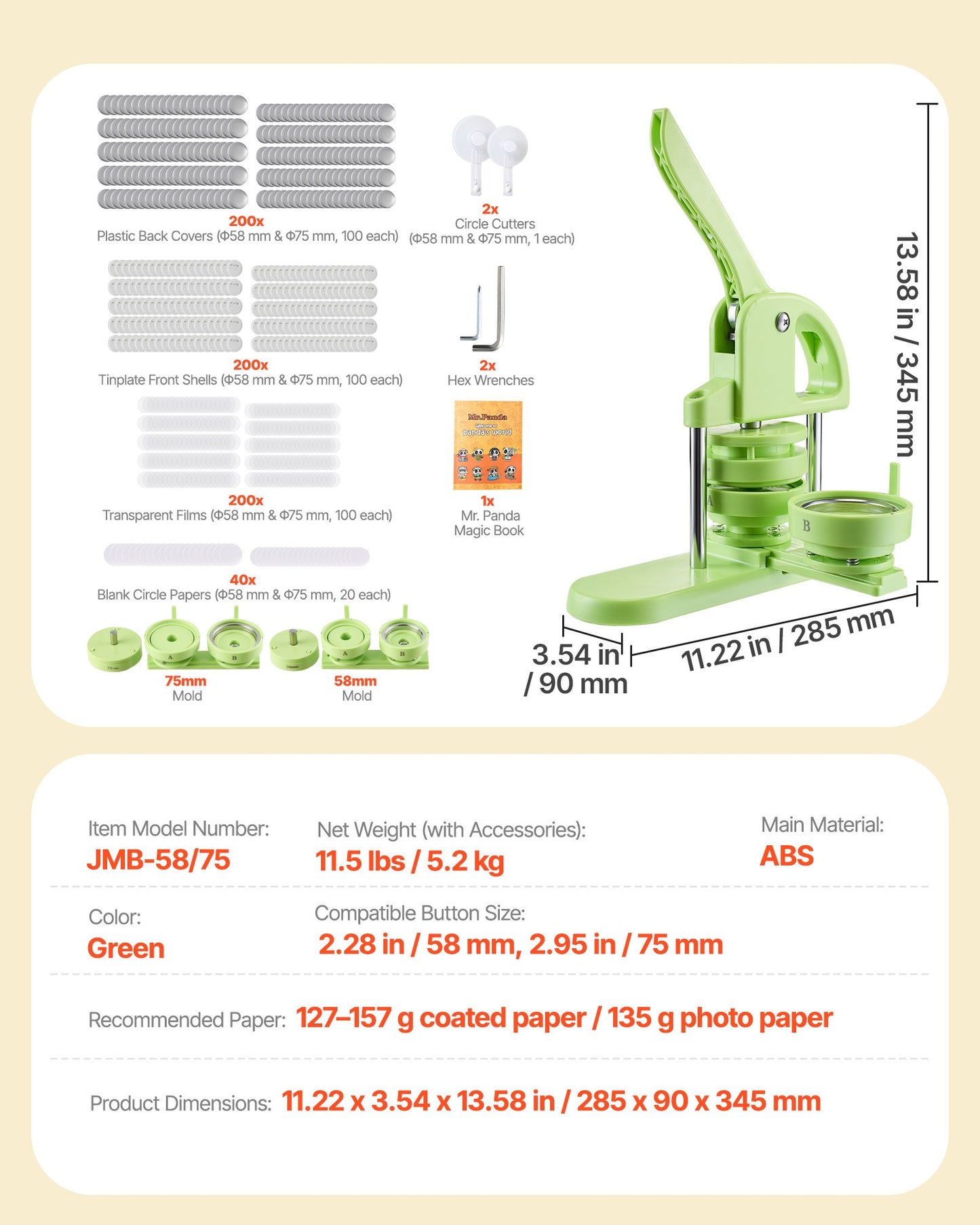Button Maker Machine, 2.28/2.95 inch 2-in-1, Plastic Pin Maker with 200 pcs Button Parts, Circle Cutter and Magic Book, Reinforced Ergonomic Handle, for DIY Badges, Personalized Pins, Green