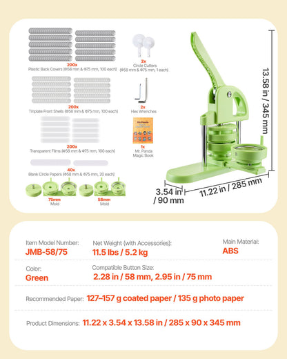Button Maker Machine, 2.28/2.95 inch 2-in-1, Plastic Pin Maker with 200 pcs Button Parts, Circle Cutter and Magic Book, Reinforced Ergonomic Handle, for DIY Badges, Personalized Pins, Green