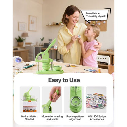 Knappmaskin, 58 mm, Plastnålstillverkare med 100 st knappdelar, Cirkelskärare och Insexnycklar, Förstärkt Ergonomiskt Handtag, För DIY-Brickor, Personliga Nålar och Nyckelringar, Grön |  EU