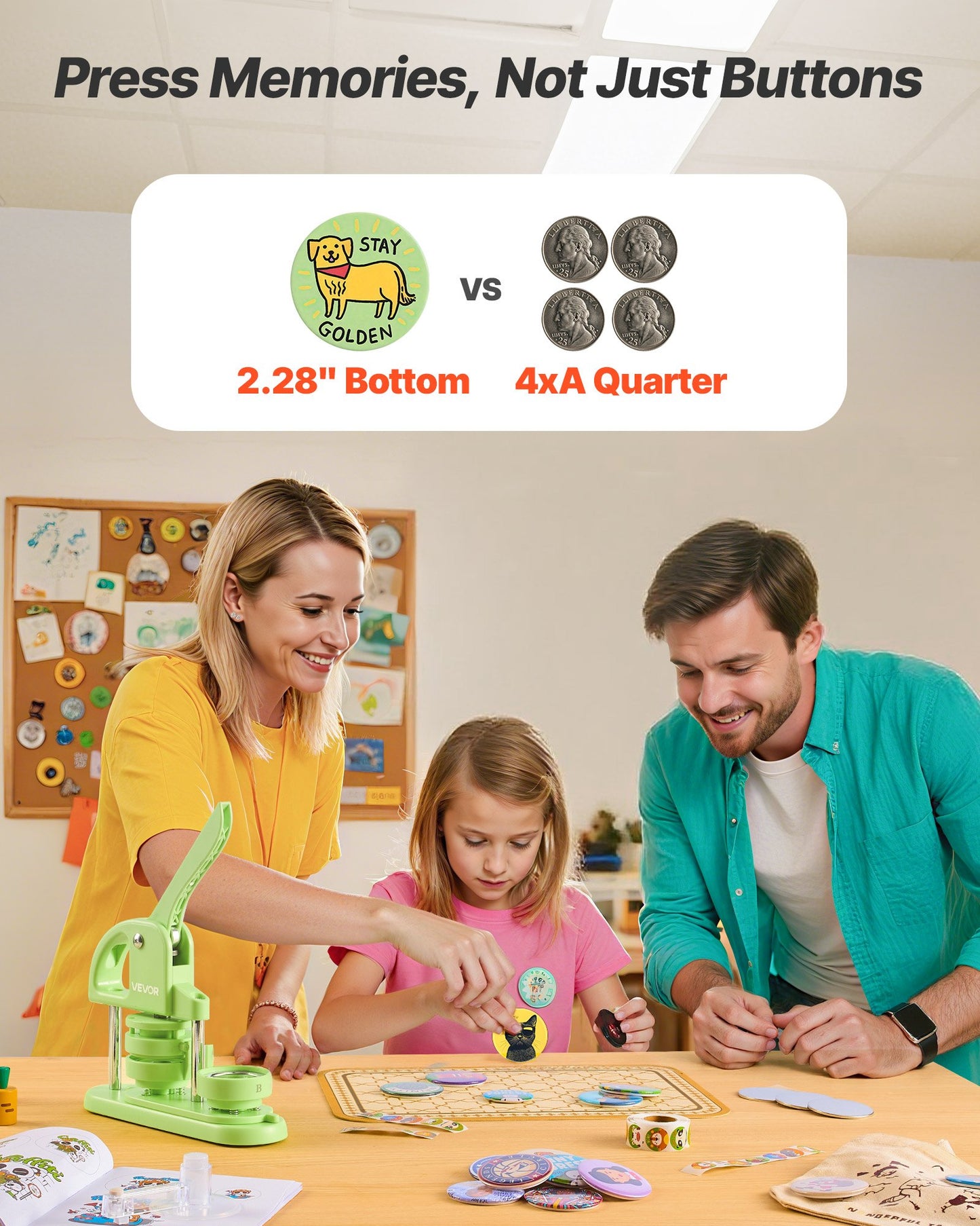 Button Maker Machine, 2.28 in, Plastic Pin Maker with 100pcs Button Parts, Circle Cutter and Hex Wrenches, Reinforced Ergonomic Handle, for DIY Badges, Personalized Pins and Key Chains, Green