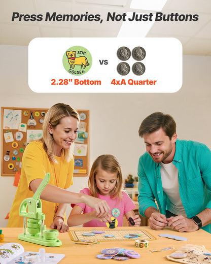 Button Maker Machine, 2.28 in, Plastic Pin Maker with 100pcs Button Parts, Circle Cutter and Hex Wrenches, Reinforced Ergonomic Handle, for DIY Badges, Personalized Pins and Key Chains, Green