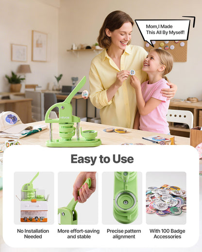 Button Maker Machine, 2.28 in, Plastic Pin Maker with 100pcs Button Parts, Circle Cutter and Hex Wrenches, Reinforced Ergonomic Handle, for DIY Badges, Personalized Pins and Key Chains, Green