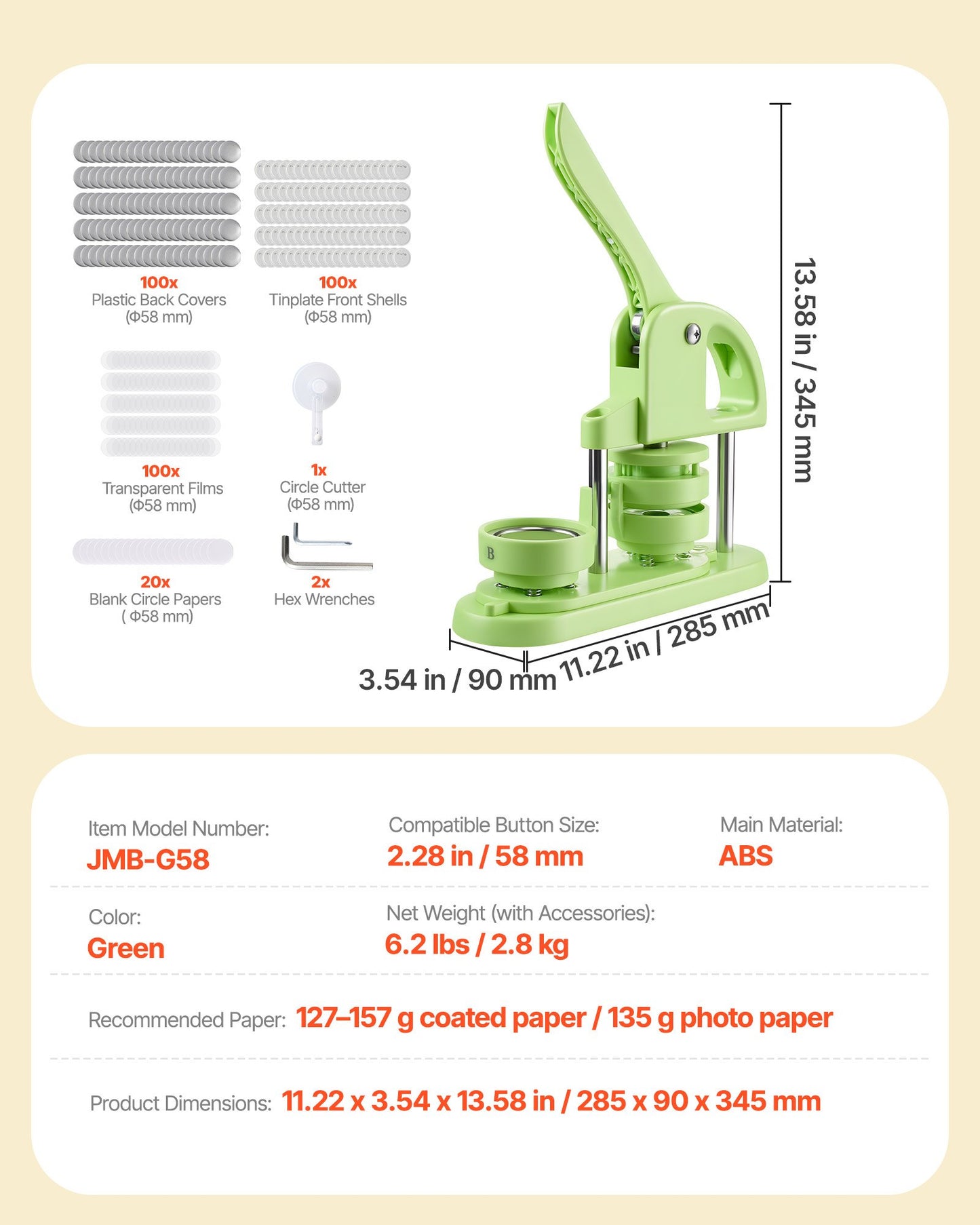 Button Maker Machine, 2.28 in, Plastic Pin Maker with 100pcs Button Parts, Circle Cutter and Hex Wrenches, Reinforced Ergonomic Handle, for DIY Badges, Personalized Pins and Key Chains, Green