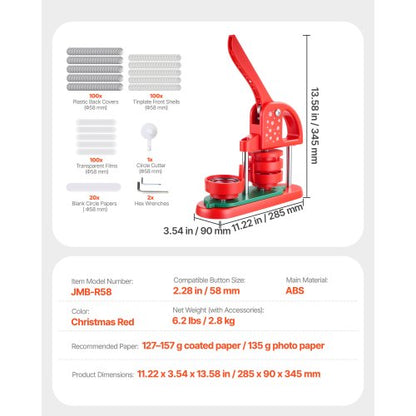 Knappmaskin, 58 mm, Plastnålstillverkare med 100 st knappdelar, Cirkelskärare och Insexnycklar, Förstärkt Ergonomiskt Handtag, För DIY-Brickor, Personliga Nålar och Nyckelringar, Röd |  EU