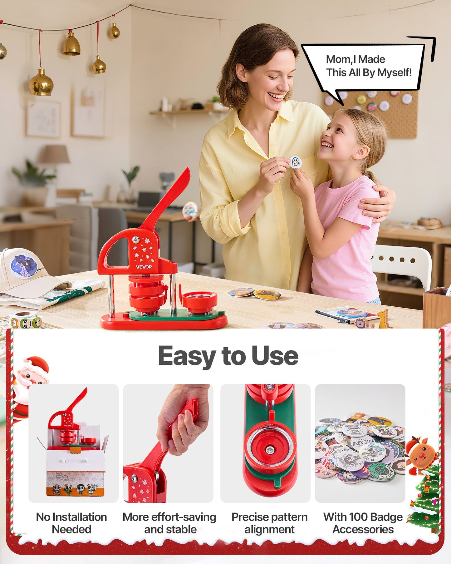 Button Maker Machine, 2.28 in, Plastic Pin Maker with 100pcs Button Parts, Circle Cutter and Hex Wrenches, Reinforced Ergonomic Handle, for DIY Badges, Personalized Pins and Key Chains, Red