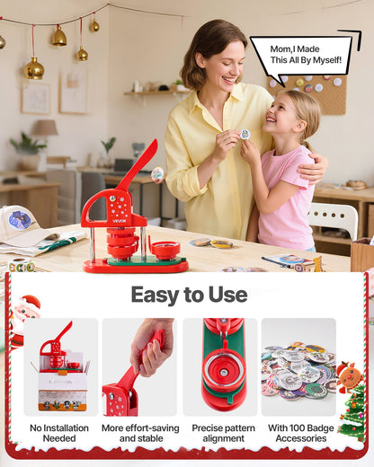 Button Maker Machine, 2.28 in, Plastic Pin Maker with 100pcs Button Parts, Circle Cutter and Hex Wrenches, Reinforced Ergonomic Handle, for DIY Badges, Personalized Pins and Key Chains, Red