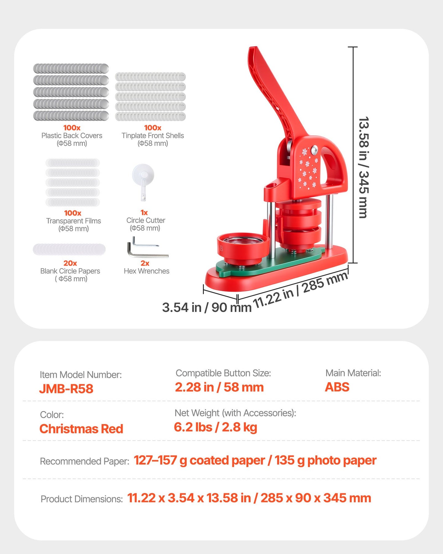 Button Maker Machine, 2.28 in, Plastic Pin Maker with 100pcs Button Parts, Circle Cutter and Hex Wrenches, Reinforced Ergonomic Handle, for DIY Badges, Personalized Pins and Key Chains, Red