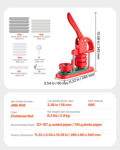 Button Maker Machine, 2.28 in, Plastic Pin Maker with 100pcs Button Parts, Circle Cutter and Hex Wrenches, Reinforced Ergonomic Handle, for DIY Badges, Personalized Pins and Key Chains, Red