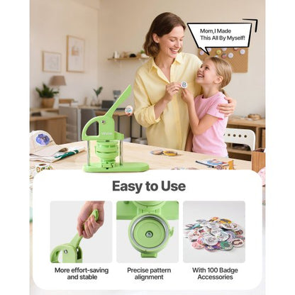 Knappmaskin, 75 mm, Plastnålstillverkare med 100 st knappdelar, Cirkelskärare och Magisk Bok, Förstärkt Ergonomiskt Handtag, För DIY-Brickor, Personliga Nålar och Nyckelringar, Grön |  EU