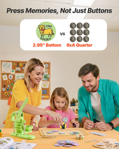 Button Maker Machine, 2.95 in, Plastic Pin Maker with 100pcs Button Parts, Circle Cutter and Magic Book, Reinforced Ergonomic Handle, for DIY Badges, Personalized Pins and Key Chains, Green