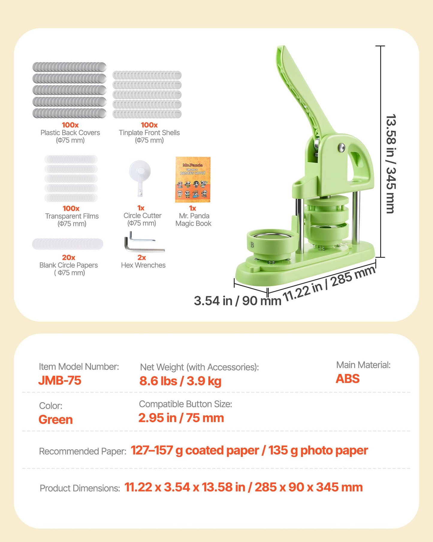 Button Maker Machine, 2.95 in, Plastic Pin Maker with 100pcs Button Parts, Circle Cutter and Magic Book, Reinforced Ergonomic Handle, for DIY Badges, Personalized Pins and Key Chains, Green