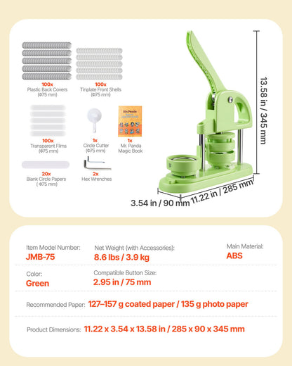 Button Maker Machine, 2.95 in, Plastic Pin Maker with 100pcs Button Parts, Circle Cutter and Magic Book, Reinforced Ergonomic Handle, for DIY Badges, Personalized Pins and Key Chains, Green