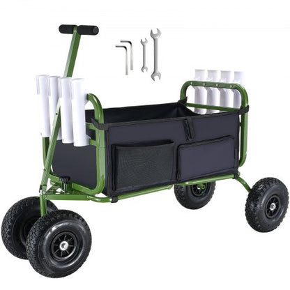 Beach Fishing Cart, 300 lbs Load Capacity, Foldable Fish and Marine Cart with Four 11" Big Wheels Rubber Balloon Tires for Sand, Heavy-Duty Steel Pier Wagon Trolley with 8 Rod Holders for Picnic