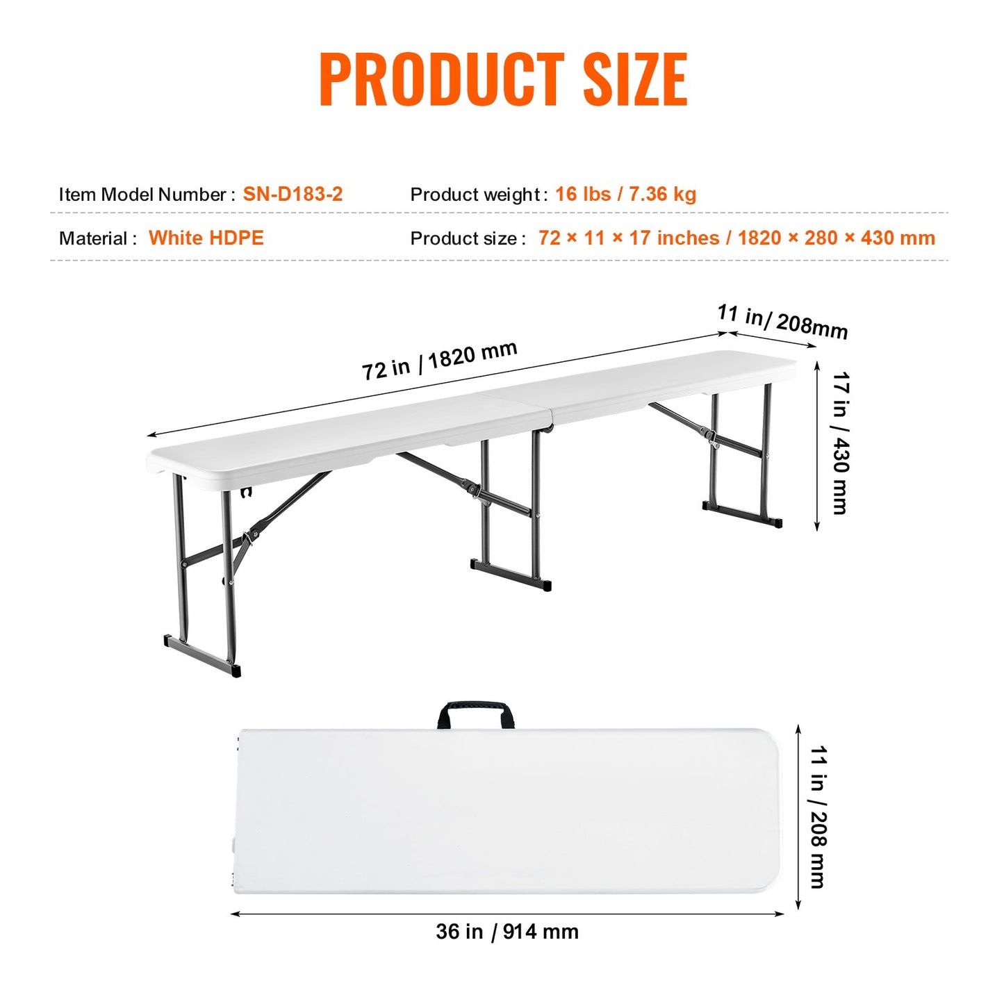 Folding Bench Plastic Portable Outdoor Picnic Garden 183 cm Bench White