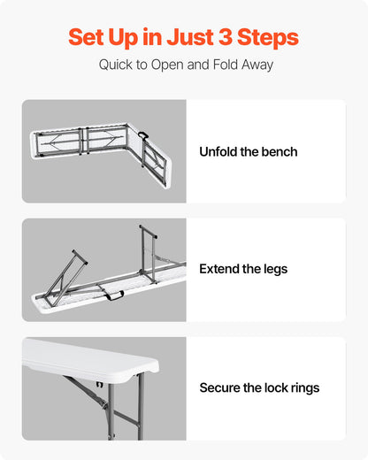 Plastic Folding Bench, 6 ft Portable Bench for Indoor/Outdoor Picnic Party Patio Camping Dining, Foldable Smooth HDPE Seat for Garden Soccer Multipurpose Entertaining Activities, 1 Pack, White