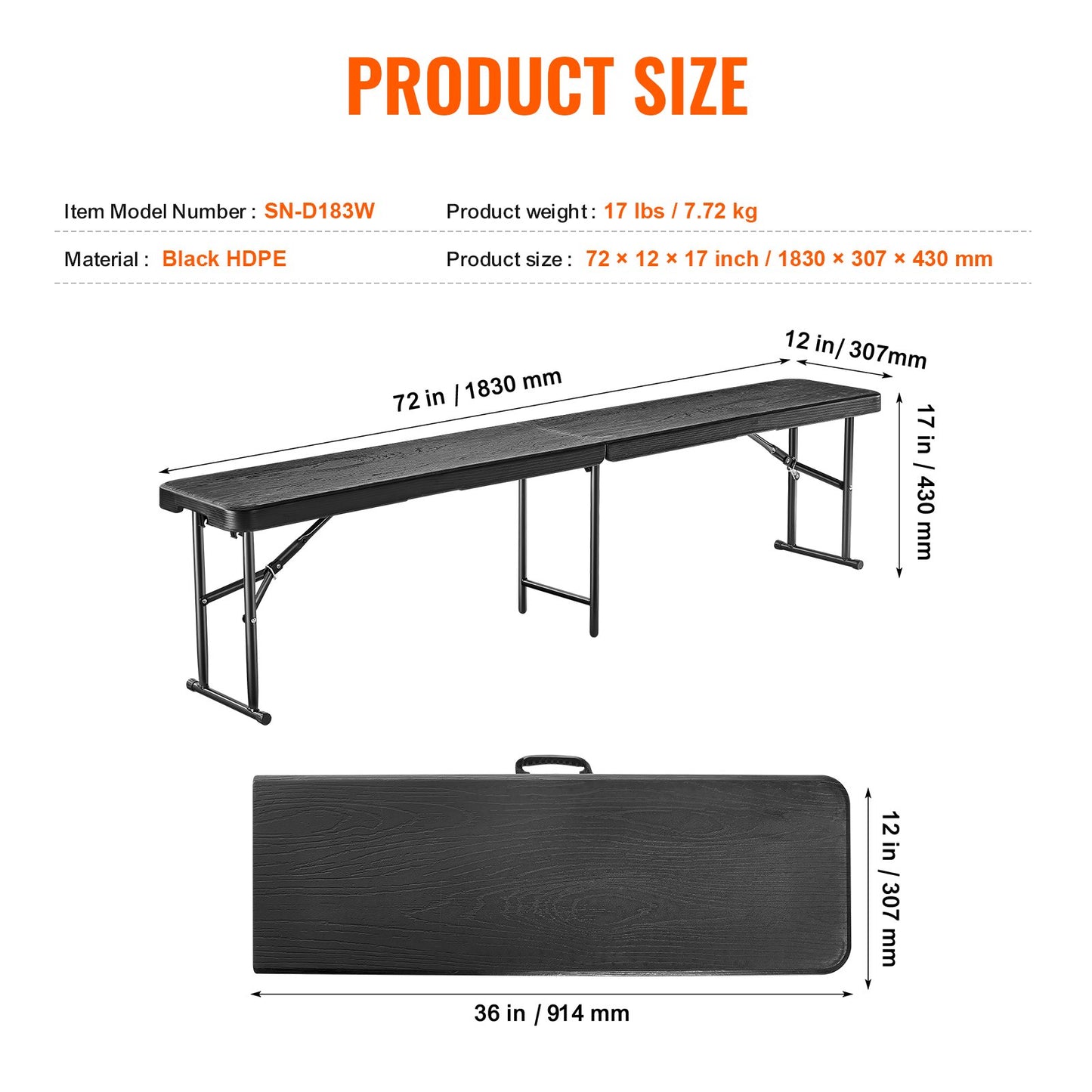 6FT Foldable Plastic Bench Portable Outdoor Bench for Picnic Camping Garden