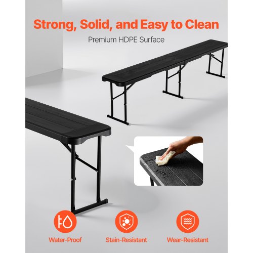 hopfällbar plastbänk, 1,8 meter bärbar bänk för utomhuspicknick, fest, camping, middag, hopfällbar slät HDPE-sits för trädgårdsfotboll, mångsidiga underhållningsaktiviteter, 2-pack, 2 bärväskor, svart |  EU