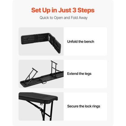 hopfällbar plastbänk, 1,8 meter bärbar bänk för utomhuspicknick, fest, camping, middag, hopfällbar slät HDPE-sits för trädgårdsfotboll, mångsidiga underhållningsaktiviteter, 2-pack, 2 bärväskor, svart |  EU