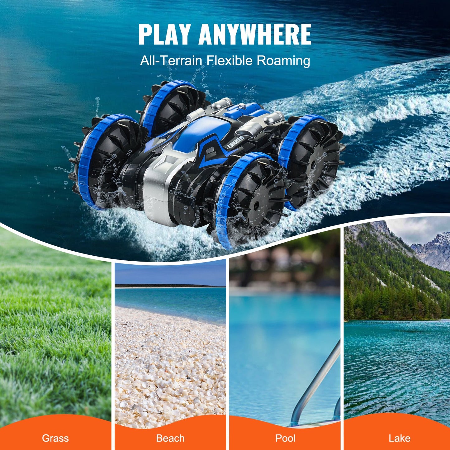 Amfibie Fjärrkontroll Bilbåt 2,4 GHz 4WD RC Båt Barn Vuxna Blå