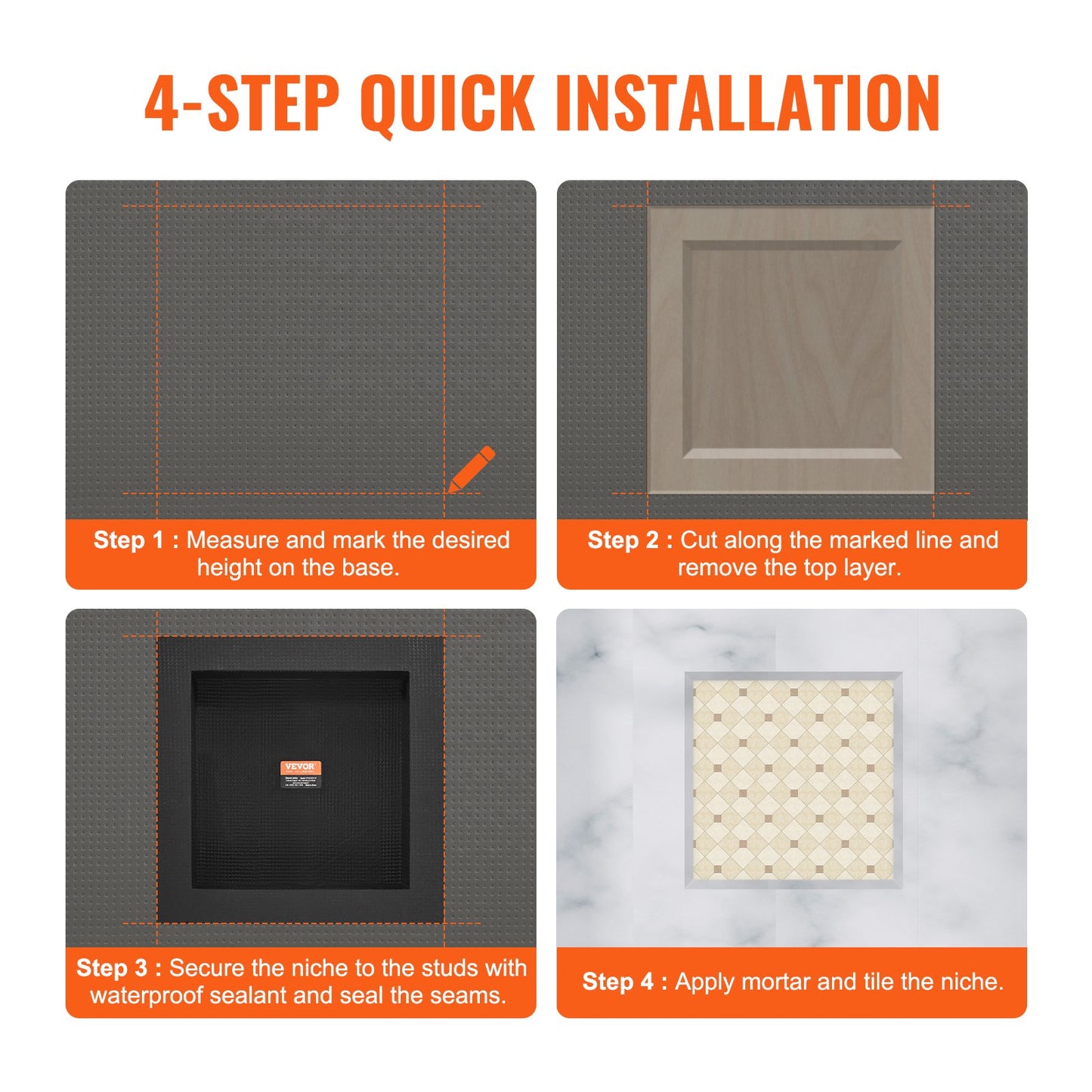 Shower niche Ready for tile 40.64 x 40.64 cm, Single shelves, square corners Wall-mounted niche recessed, sealed cover Modern soap storage niche for shower bathroom, black