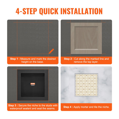 Shower niche Ready for tile 40.64 x 40.64 cm, Single shelves, square corners Wall-mounted niche recessed, sealed cover Modern soap storage niche for shower bathroom, black