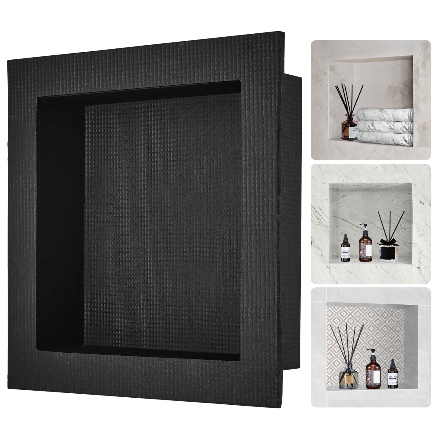 Shower niche Ready for tile 40.64 x 40.64 cm, Single shelves, square corners Wall-mounted niche recessed, sealed cover Modern soap storage niche for shower bathroom, black