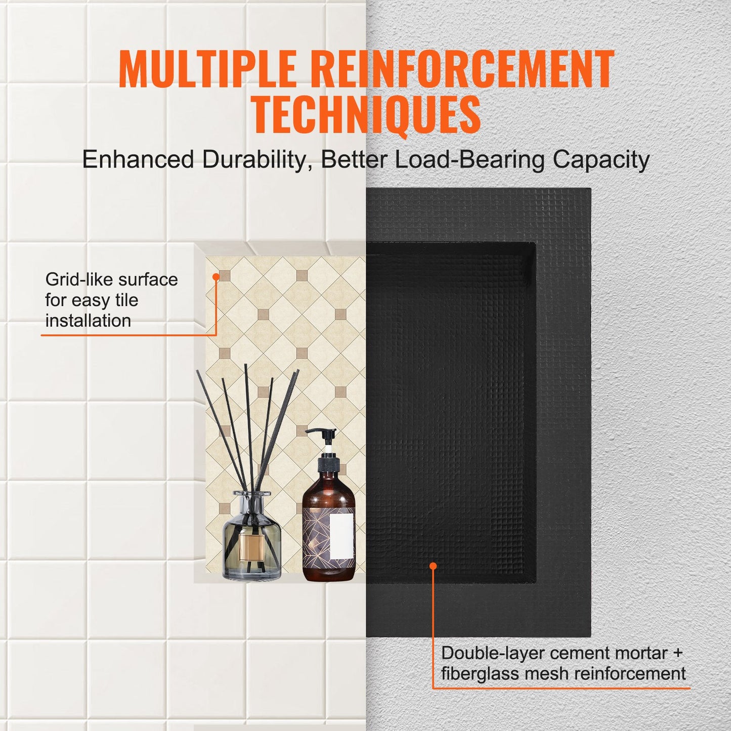 Shower Niche Ready for Tile 16" x 16", Single Shelf Organizer, Square Corners Wall-inserted Niche Recessed, Sealed Protection Modern Soap Storage Niche for Shower Bathroom, Black