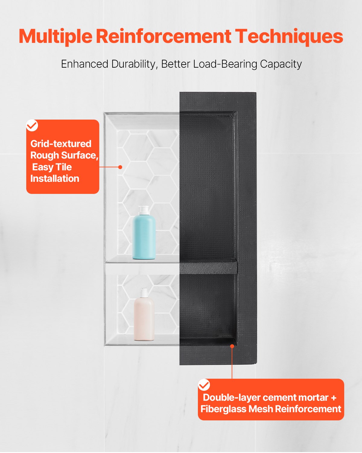 Shower Niche, 16 x 28 x 4 inch Recessed Wall Niche with Movable Divider Shelf, Modern Soap & Shampoo Storage Organizer, Square Corners, Sealed Waterproof Design, Black for Bathroom Shower