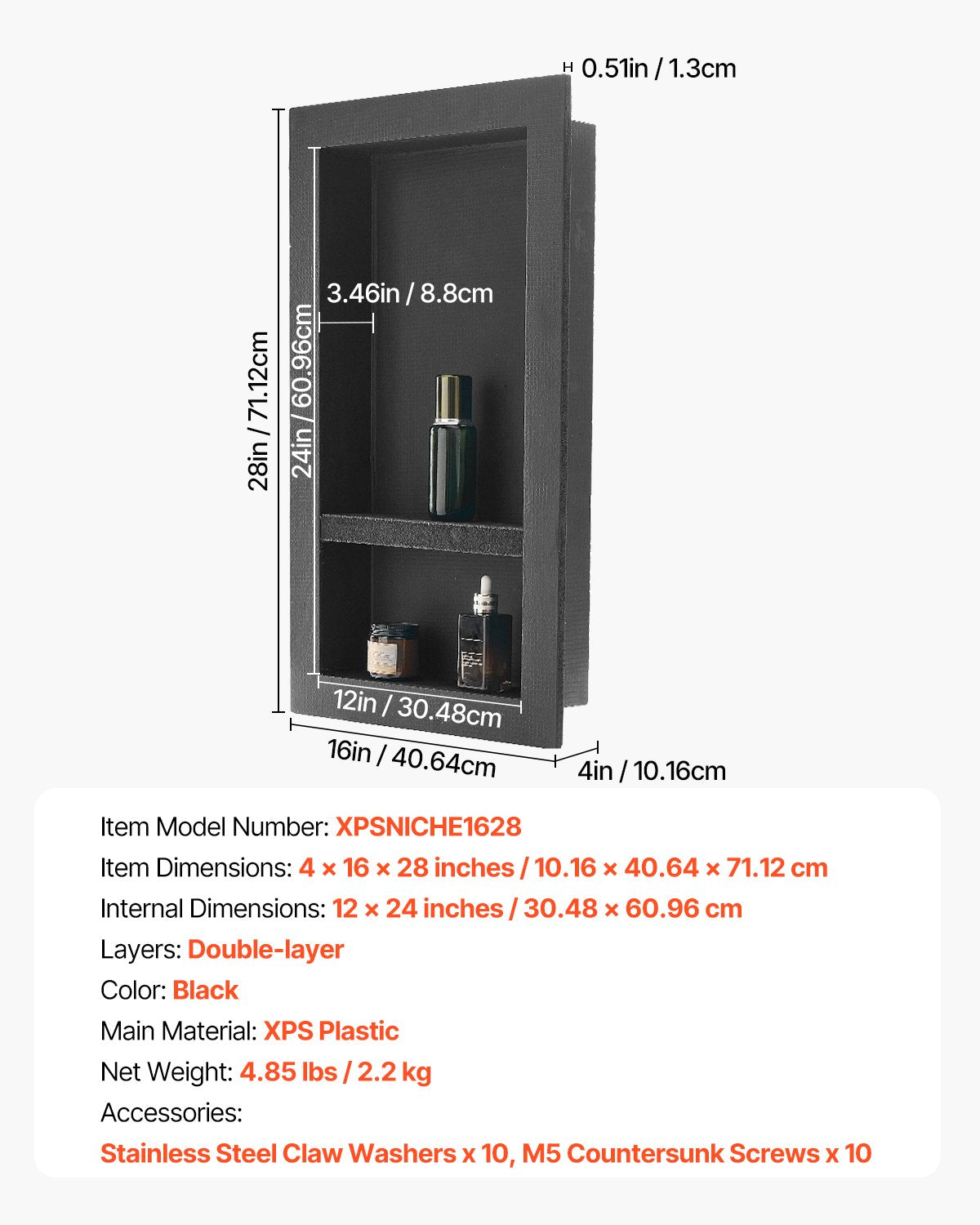 Shower Niche, 16 x 28 x 4 inch Recessed Wall Niche with Movable Divider Shelf, Modern Soap & Shampoo Storage Organizer, Square Corners, Sealed Waterproof Design, Black for Bathroom Shower