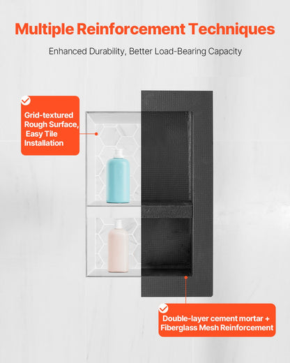 Shower Niche, 16 x 20 x 4 inch Recessed Wall Niche with Movable Divider Shelf, Modern Soap & Shampoo Storage Organizer, Square Corners, Sealed Waterproof Design, Black for Bathroom Shower