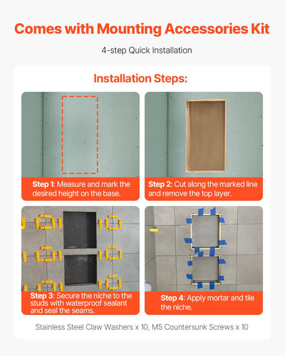 Shower Niche, 16 x 20 x 4 inch Recessed Wall Niche with Movable Divider Shelf, Modern Soap & Shampoo Storage Organizer, Square Corners, Sealed Waterproof Design, Black for Bathroom Shower