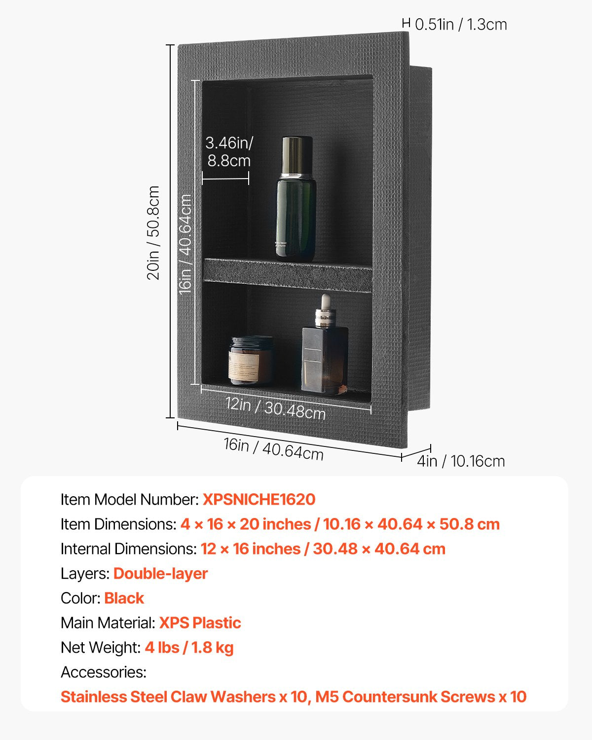 Shower Niche, 16 x 20 x 4 inch Recessed Wall Niche with Movable Divider Shelf, Modern Soap & Shampoo Storage Organizer, Square Corners, Sealed Waterproof Design, Black for Bathroom Shower