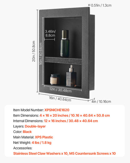 Shower Niche, 16 x 20 x 4 inch Recessed Wall Niche with Movable Divider Shelf, Modern Soap & Shampoo Storage Organizer, Square Corners, Sealed Waterproof Design, Black for Bathroom Shower