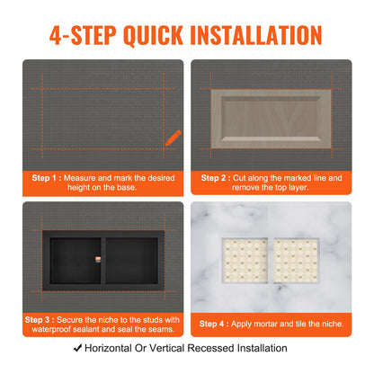 Duschnische, Fliesenfertig, 40,64 x 81,28 cm, Doppelregal, quadratische Ecken, Wandnische versenkt, versiegelte Abdeckung, moderne Seifenaufbewahrungsnische für Duschbadezimmer, Schwarz