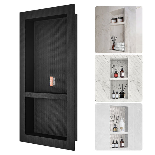 Shower Niche Tile Ready 40.64 x 81.28 cm, Double Shelf, Square Corners Wall-Mounted Niche Recessed, Sealed Cover Modern Soap Storage Niche for Shower Bathroom, Black