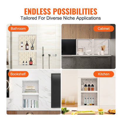 Shower Niche Ready for Tile 16" x 24", Double Shelf Organizer, Square Corners Wall-inserted Niche Recessed, Sealed Protection Modern Soap Storage Niche for Shower Bathroom, Black