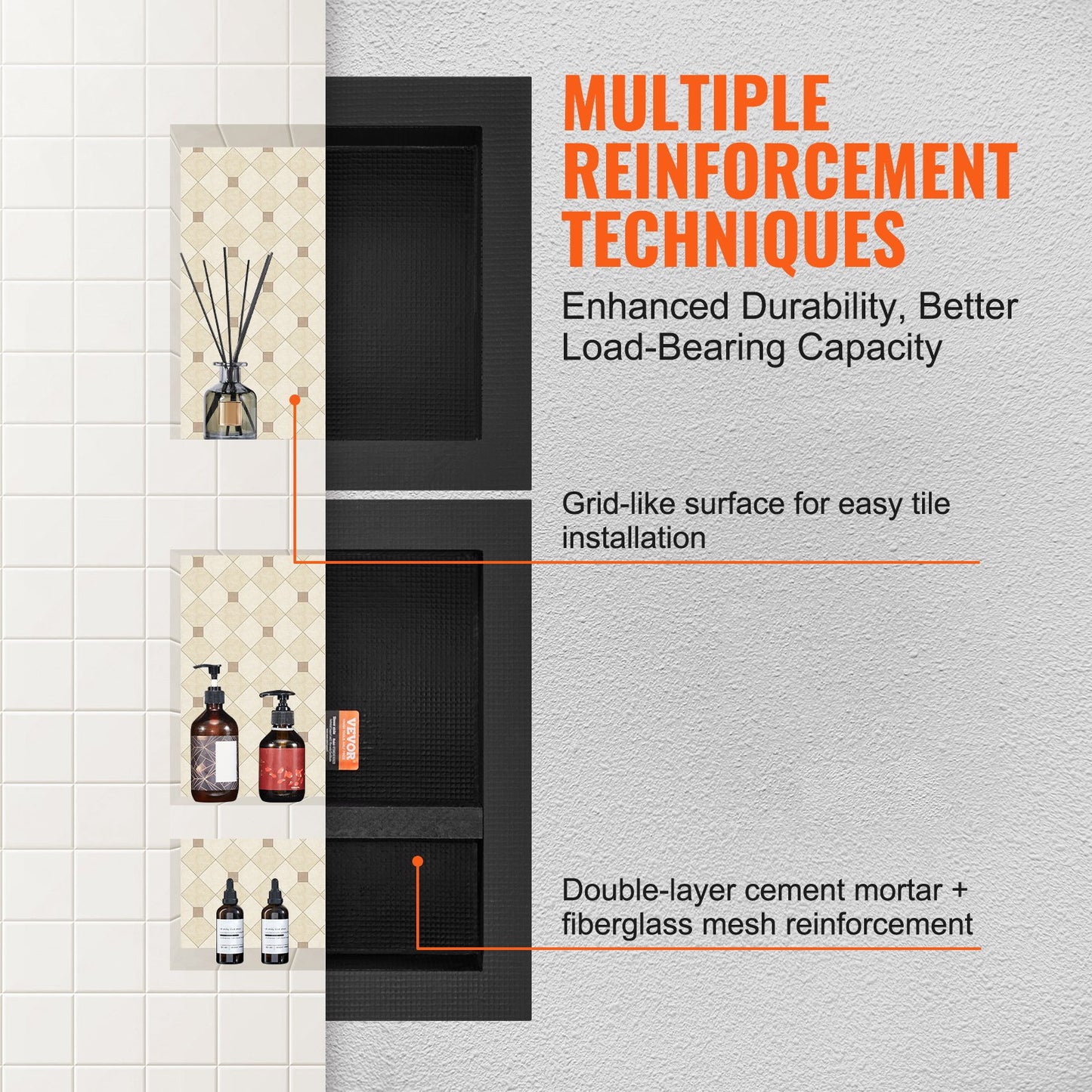 Duschnische Fertig zum Fliesen 40,64x40,64cm &amp; 40,64x50,8cm, Dreifachablage, Eckige Ecken Wandnische Versenkte, versiegelte Abdeckung Moderne Seifenablagenische für Duschbadezimmer, schwarz