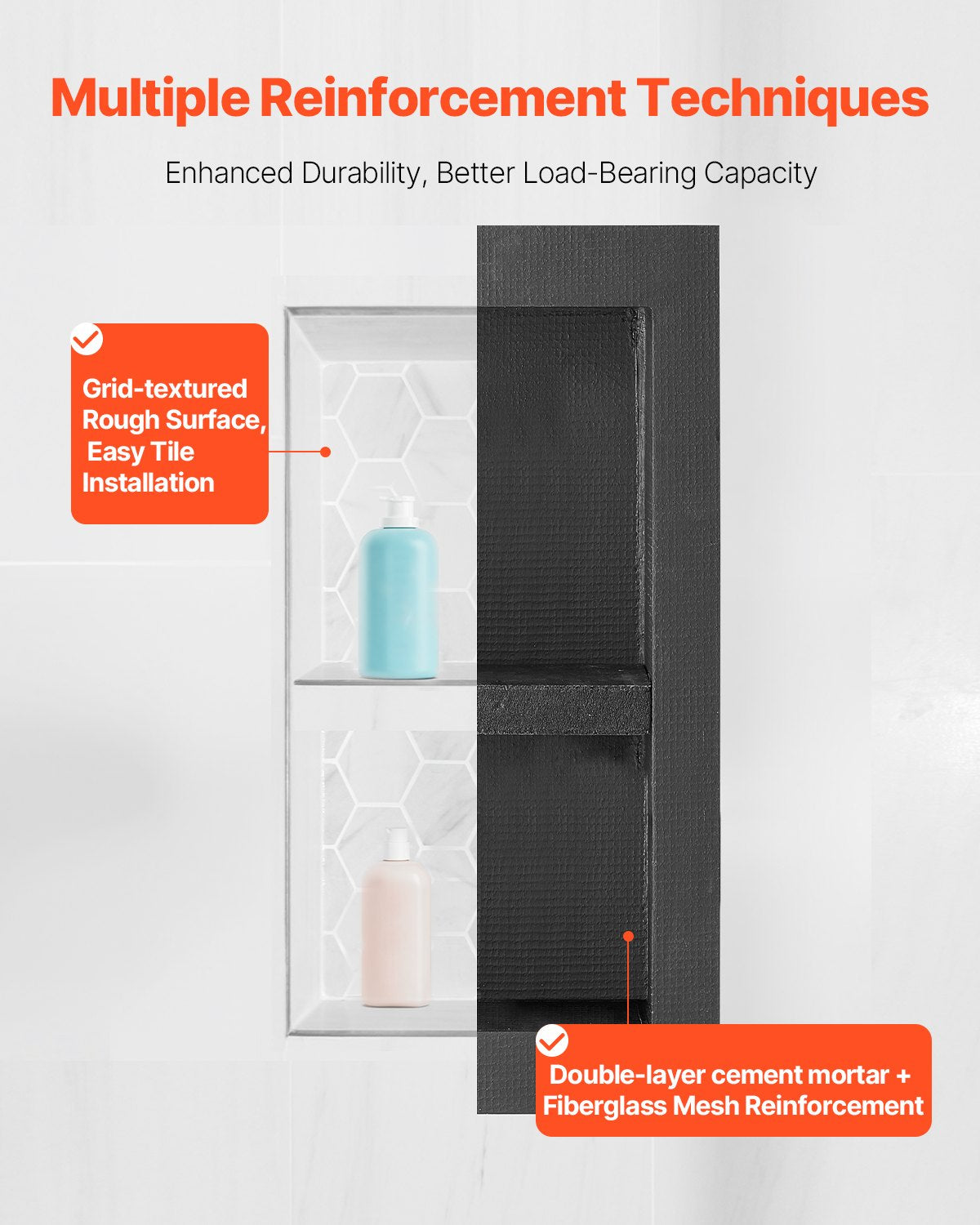 Shower Niche, 16 x 32 inch + 16 x 32 inch Recessed Wall Niche with Movable Shelf, 4 inch Thick Modern Soap&Shampoo Storage Organizer,Square Corners,Sealed Waterproof,Black for Bathroom Shower