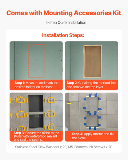 Shower Niche, 16 x 32 inch + 16 x 32 inch Recessed Wall Niche with Movable Shelf, 4 inch Thick Modern Soap&Shampoo Storage Organizer,Square Corners,Sealed Waterproof,Black for Bathroom Shower