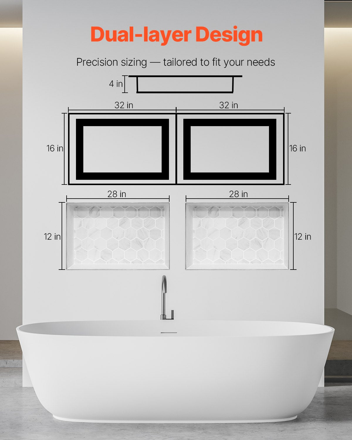 Shower Niche, 16 x 32 inch + 16 x 32 inch Recessed Wall Niche with Movable Shelf, 4 inch Thick Modern Soap&Shampoo Storage Organizer,Square Corners,Sealed Waterproof,Black for Bathroom Shower