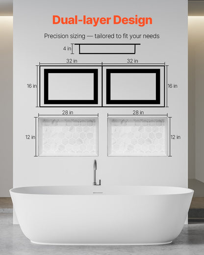 Shower Niche, 16 x 32 inch + 16 x 32 inch Recessed Wall Niche with Movable Shelf, 4 inch Thick Modern Soap&Shampoo Storage Organizer,Square Corners,Sealed Waterproof,Black for Bathroom Shower