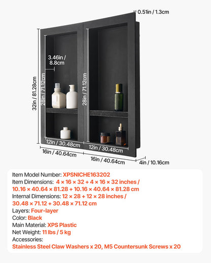 Shower Niche, 16 x 32 inch + 16 x 32 inch Recessed Wall Niche with Movable Shelf, 4 inch Thick Modern Soap&Shampoo Storage Organizer,Square Corners,Sealed Waterproof,Black for Bathroom Shower