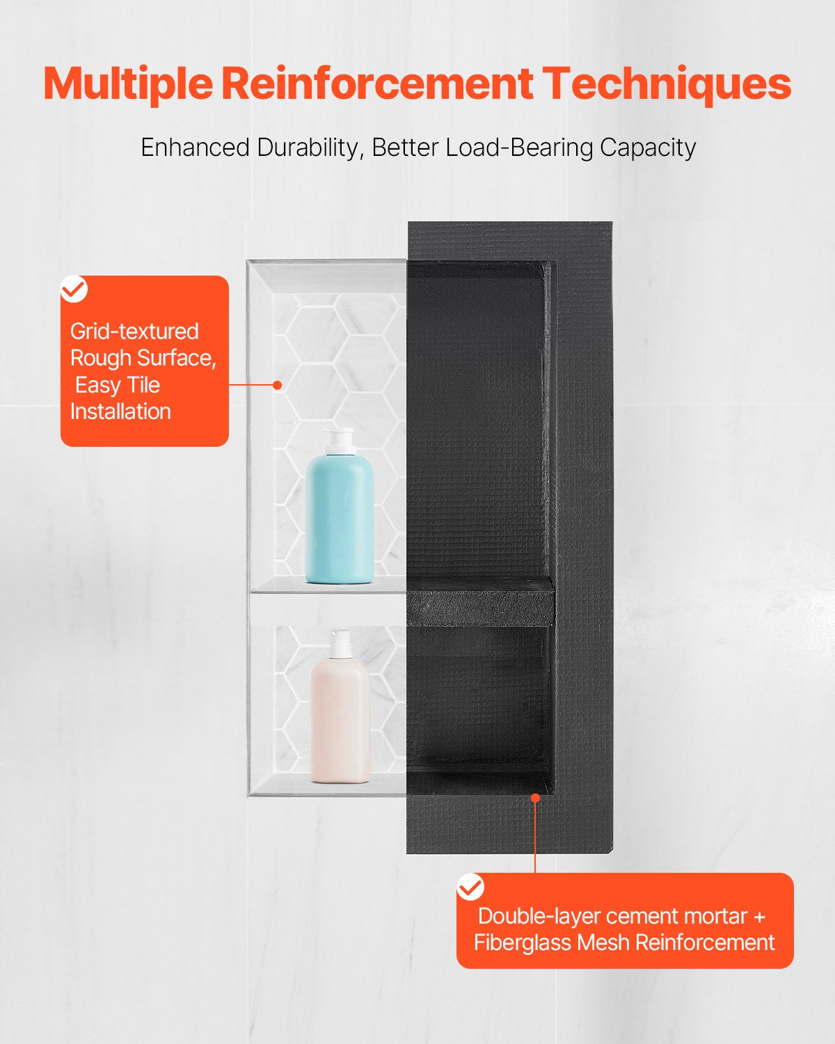 Shower Niche, 16 x 24 inch + 16 x 24 inch Recessed Wall Niche with Movable Shelf, 4 inch Thick Modern Soap&Shampoo Storage Organizer,Square Corners,Sealed Waterproof,Black for Bathroom Shower